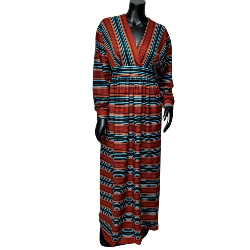 Vintage 70s Momentum Striped Maxi Dress Talon Zip Long Sleeve Boho Disco Hostess